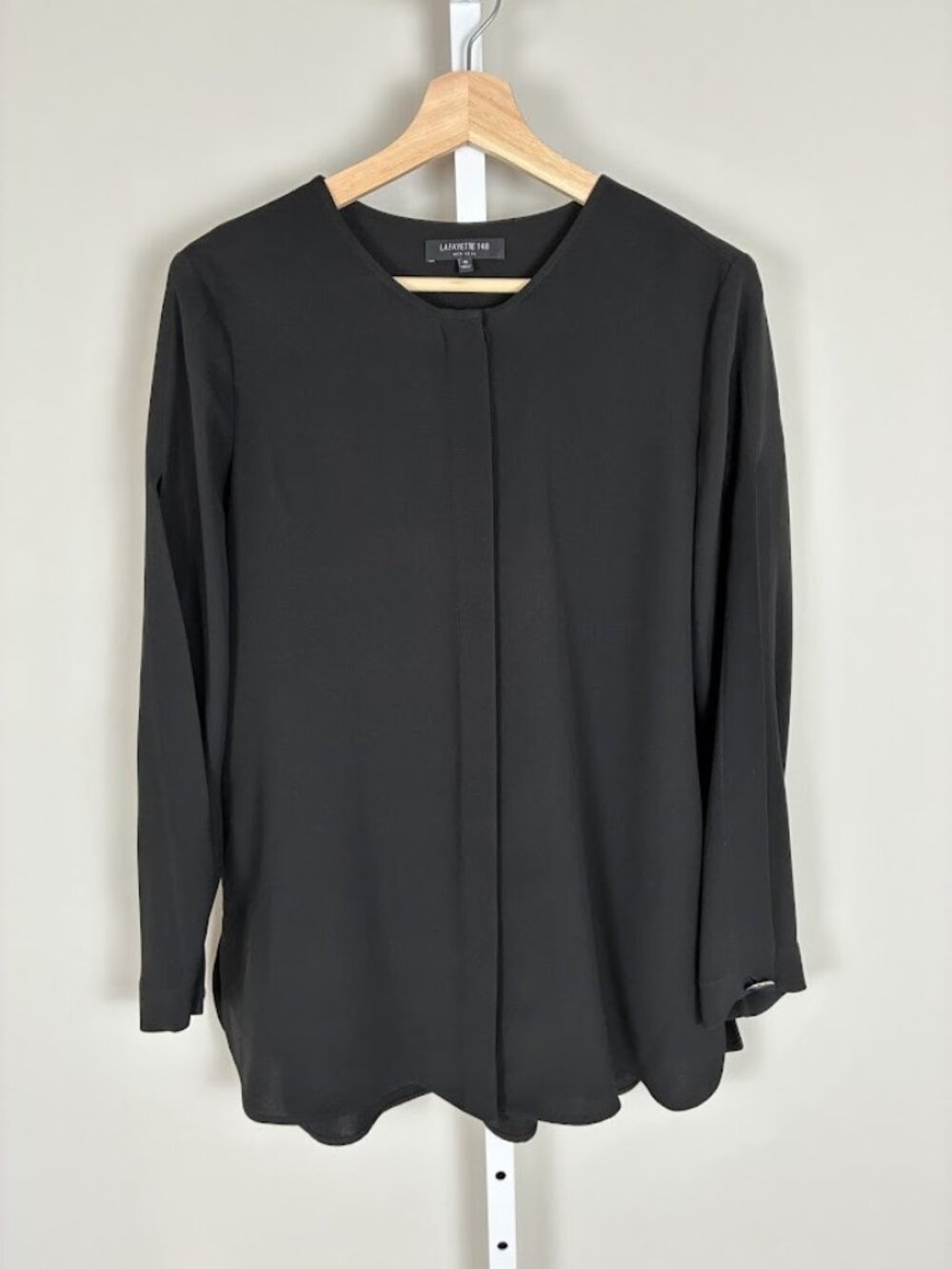 Lafayette 148 New York 100% Silk Collarless Blouse Black M Quiet Luxury